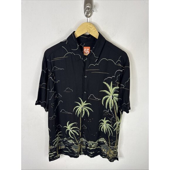 Tori Richard 56 Hawaiian Shirt L Black Palm Tree Scenic Viscose Made in USA - Picture 1 of 5